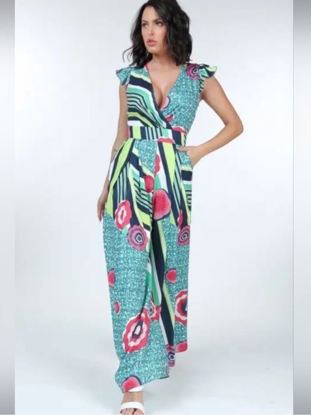 Floral Stripe V-Neck Jumpsuit in Green, Navy & Pink